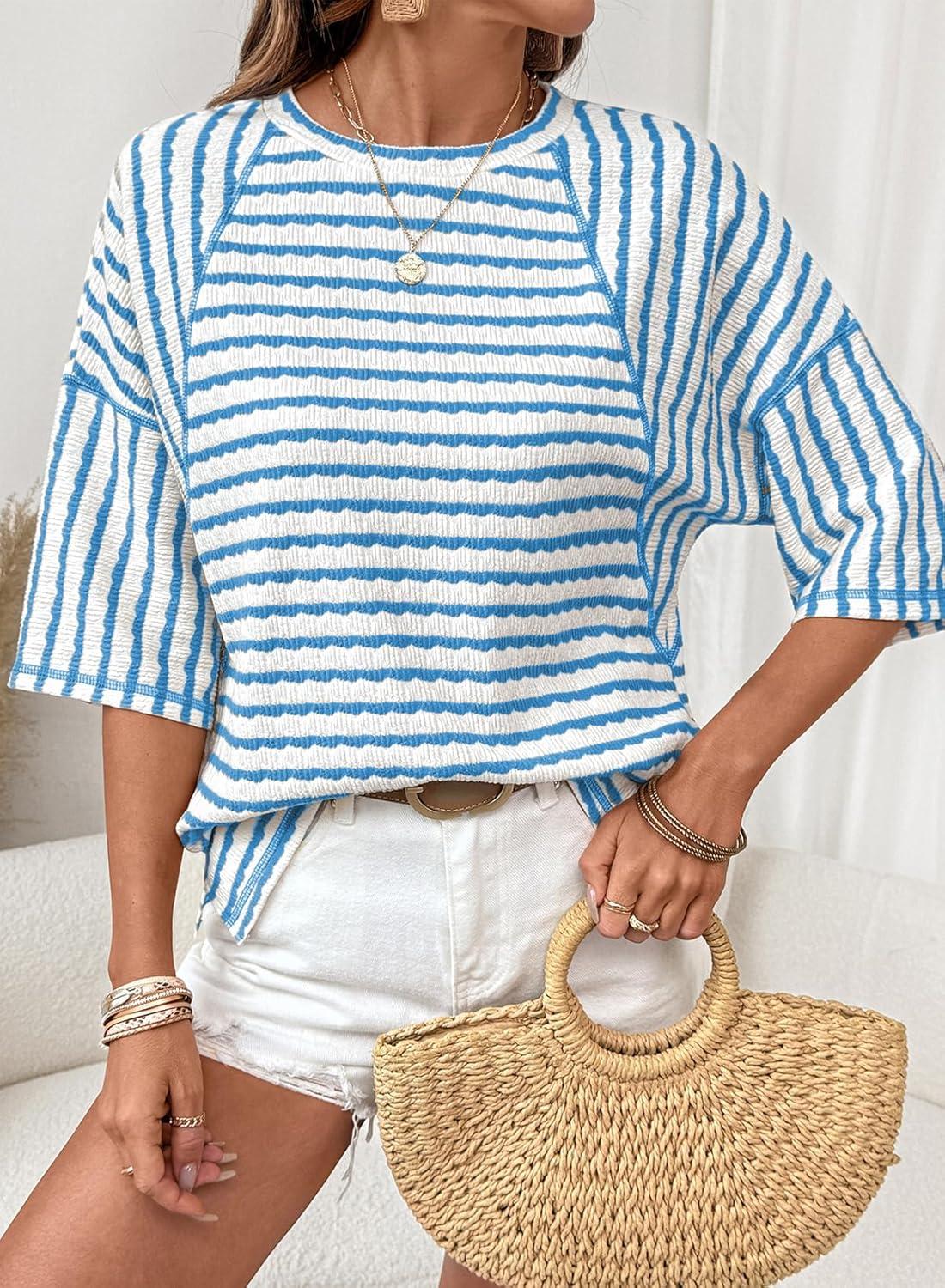 imageDokotoo Womens Summer Tops Oversized Tshirts for Women Striped Color Block Short Sleeve T Shirts Crewneck Casual Tee BlousesLight Blue