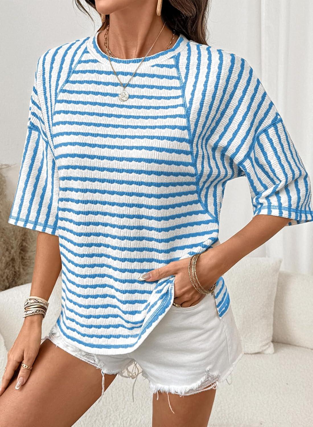 imageDokotoo Womens Summer Tops Oversized Tshirts for Women Striped Color Block Short Sleeve T Shirts Crewneck Casual Tee BlousesLight Blue