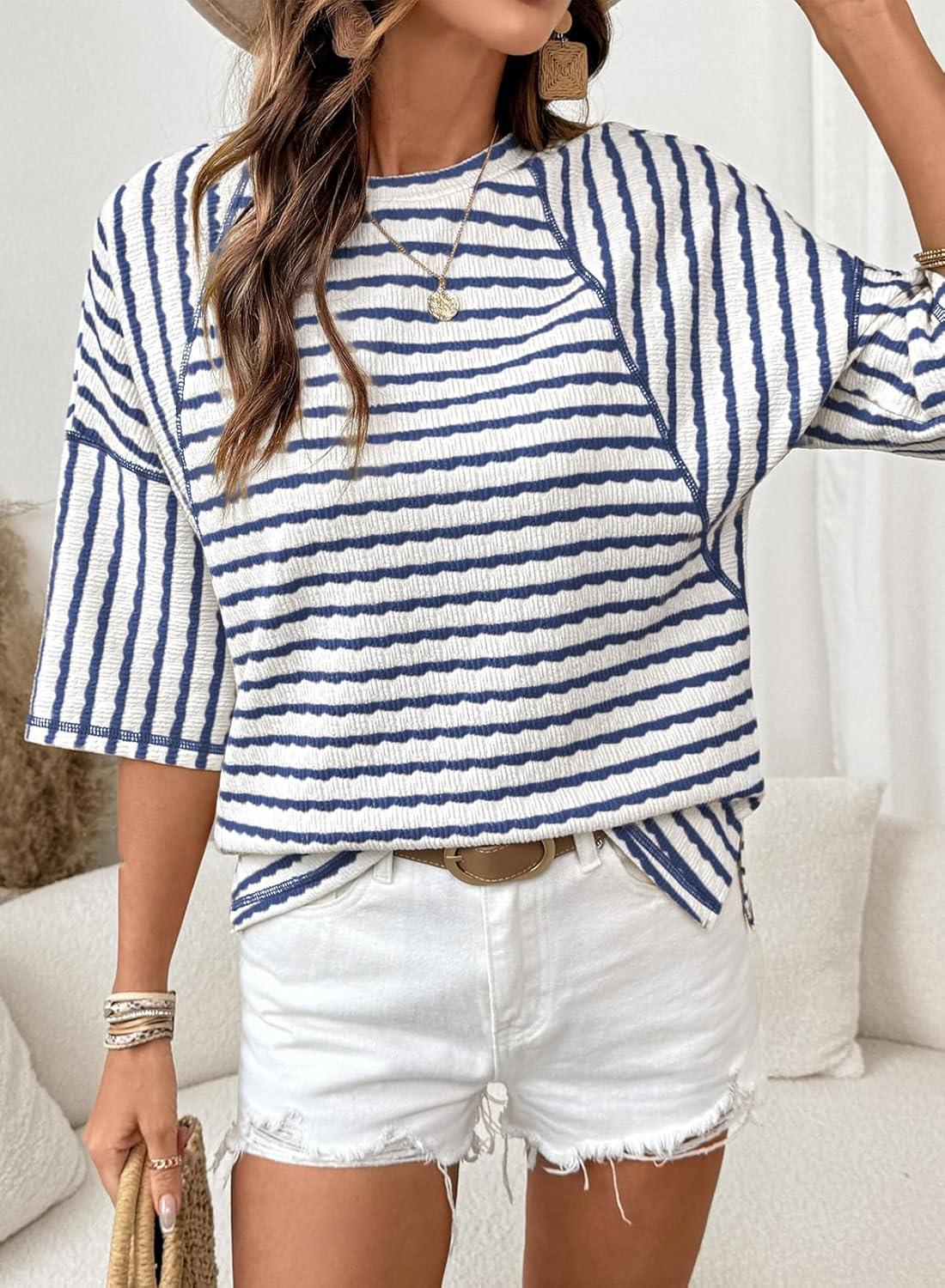 imageDokotoo Womens Summer Tops Oversized Tshirts for Women Striped Color Block Short Sleeve T Shirts Crewneck Casual Tee BlousesNavy