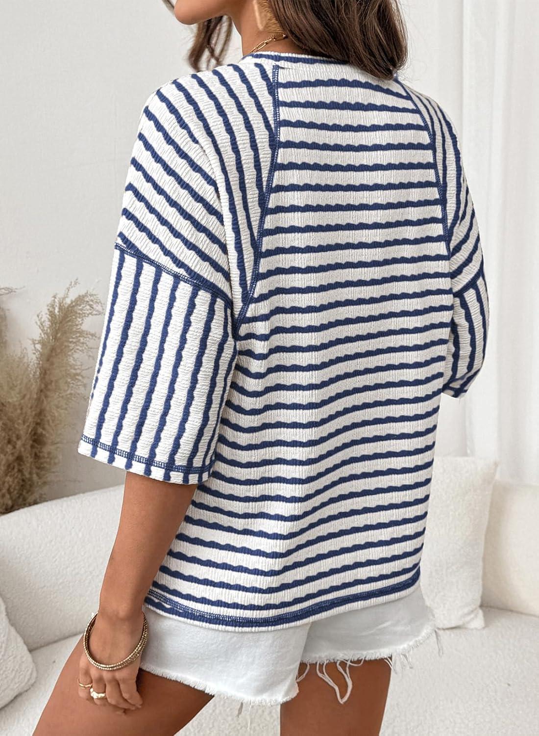 imageDokotoo Womens Summer Tops Oversized Tshirts for Women Striped Color Block Short Sleeve T Shirts Crewneck Casual Tee BlousesNavy