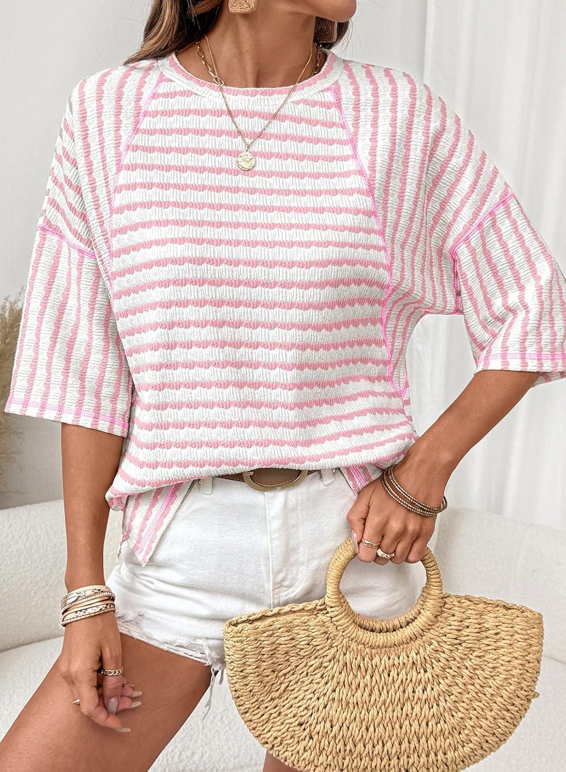 imageDokotoo Womens Summer Tops Oversized Tshirts for Women Striped Color Block Short Sleeve T Shirts Crewneck Casual Tee BlousesPink