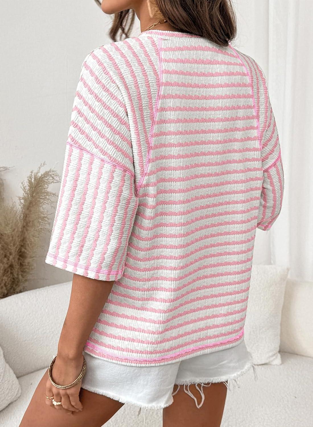 imageDokotoo Womens Summer Tops Oversized Tshirts for Women Striped Color Block Short Sleeve T Shirts Crewneck Casual Tee BlousesPink