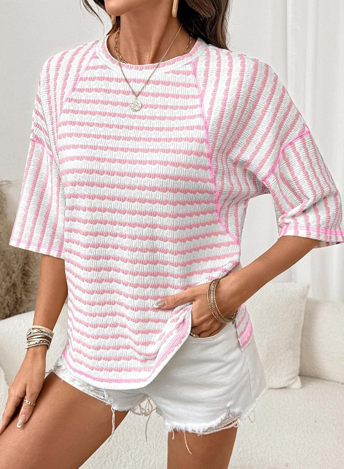 imageDokotoo Womens Summer Tops Oversized Tshirts for Women Striped Color Block Short Sleeve T Shirts Crewneck Casual Tee BlousesPink