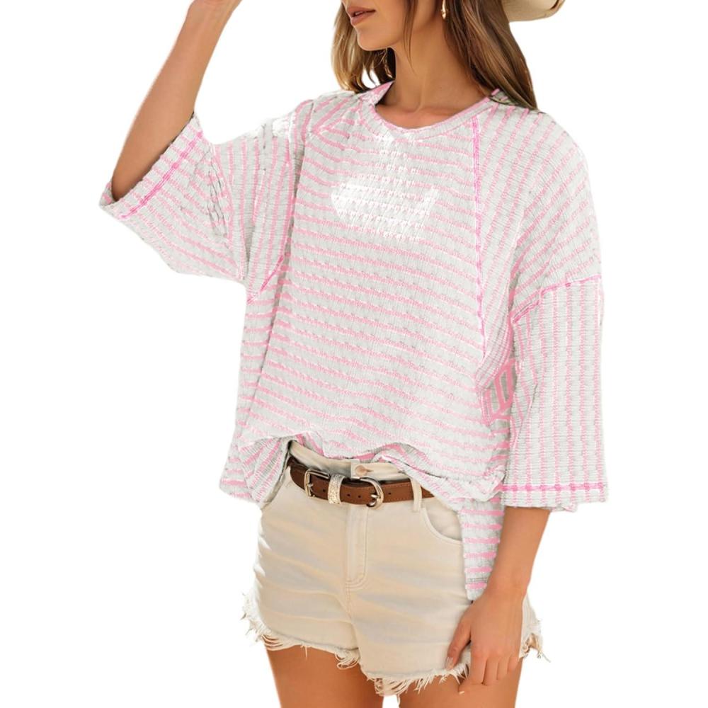 imageDokotoo Womens Summer Tops Oversized Tshirts for Women Striped Color Block Short Sleeve T Shirts Crewneck Casual Tee BlousesPink
