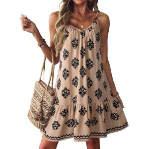 imageDokotoo Summer Dresses for Women 2025 Spaghetti Strap Sexy Deep V Neck Dress Smocked Ruffle Flowy Boho DressesApricot