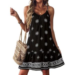 imageDokotoo Summer Dresses for Women 2025 Spaghetti Strap Sexy Deep V Neck Dress Smocked Ruffle Flowy Boho DressesBlack