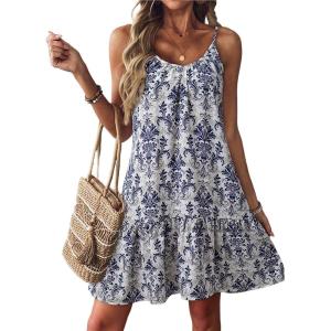 imageDokotoo Summer Dresses for Women 2025 Spaghetti Strap Sexy Deep V Neck Dress Smocked Ruffle Flowy Boho DressesBlue