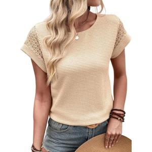 imageDokotoo Womens Summer Tops 2026 Waffle Knit Lace Hollow Out Short Sleeve TShirts Crewneck Casual Loose Basic Tee BlousesApricot