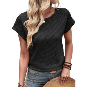 imageDokotoo Womens Summer Tops 2026 Waffle Knit Lace Hollow Out Short Sleeve TShirts Crewneck Casual Loose Basic Tee BlousesBlack