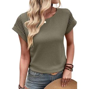 imageDokotoo Womens Summer Tops 2026 Waffle Knit Lace Hollow Out Short Sleeve TShirts Crewneck Casual Loose Basic Tee BlousesGreen