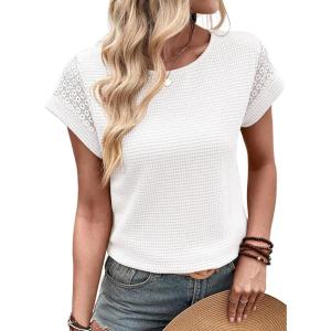 imageDokotoo Womens Summer Tops 2026 Waffle Knit Lace Hollow Out Short Sleeve TShirts Crewneck Casual Loose Basic Tee BlousesWhite