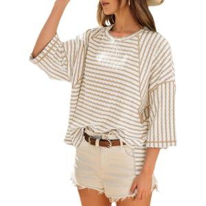 imageDokotoo Womens Summer Tops Oversized Tshirts for Women Striped Color Block Short Sleeve T Shirts Crewneck Casual Tee BlousesApricot