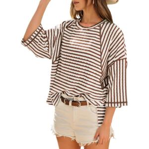 imageDokotoo Womens Summer Tops Oversized Tshirts for Women Striped Color Block Short Sleeve T Shirts Crewneck Casual Tee BlousesBrown