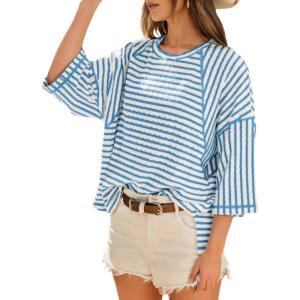 imageDokotoo Womens Summer Tops Oversized Tshirts for Women Striped Color Block Short Sleeve T Shirts Crewneck Casual Tee BlousesLight Blue