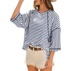 imageDokotoo Womens Summer Tops Oversized Tshirts for Women Striped Color Block Short Sleeve T Shirts Crewneck Casual Tee BlousesNavy