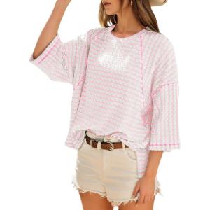 imageDokotoo Womens Summer Tops Oversized Tshirts for Women Striped Color Block Short Sleeve T Shirts Crewneck Casual Tee BlousesPink