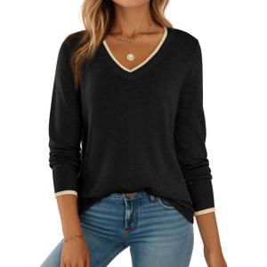 imageDokotoo Womens Sweaters Dressy Casual Long Sleeve V Neck Lightweight Ribbed Knit Wool Pullover Jumper TopBlack