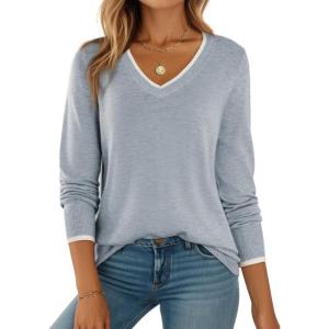 imageDokotoo Womens Sweaters Dressy Casual Long Sleeve V Neck Lightweight Ribbed Knit Wool Pullover Jumper TopSky Blue