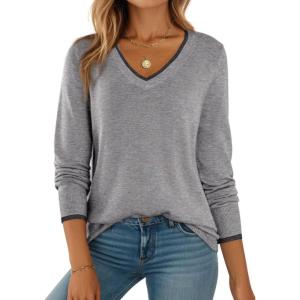 imageDokotoo Womens Sweaters Dressy Casual Long Sleeve V Neck Lightweight Ribbed Knit Wool Pullover Jumper TopSmoky Gray