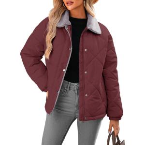 imageDokotoo Womens Winter Casual Quilted Jackets Long Sleeve Button Down Puffer Jacket Padded Outerwear CoatsBurgundy