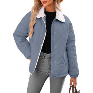 imageDokotoo Womens Winter Casual Quilted Jackets Long Sleeve Button Down Puffer Jacket Padded Outerwear CoatsDusk Blue