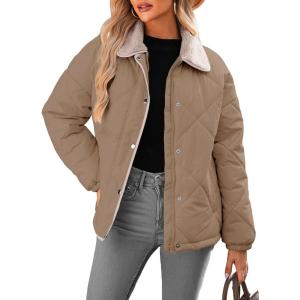 imageDokotoo Womens Winter Casual Quilted Jackets Long Sleeve Button Down Puffer Jacket Padded Outerwear CoatsLight French Beige