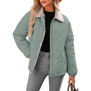 imageDokotoo Womens Winter Casual Quilted Jackets Long Sleeve Button Down Puffer Jacket Padded Outerwear CoatsSmoke Green