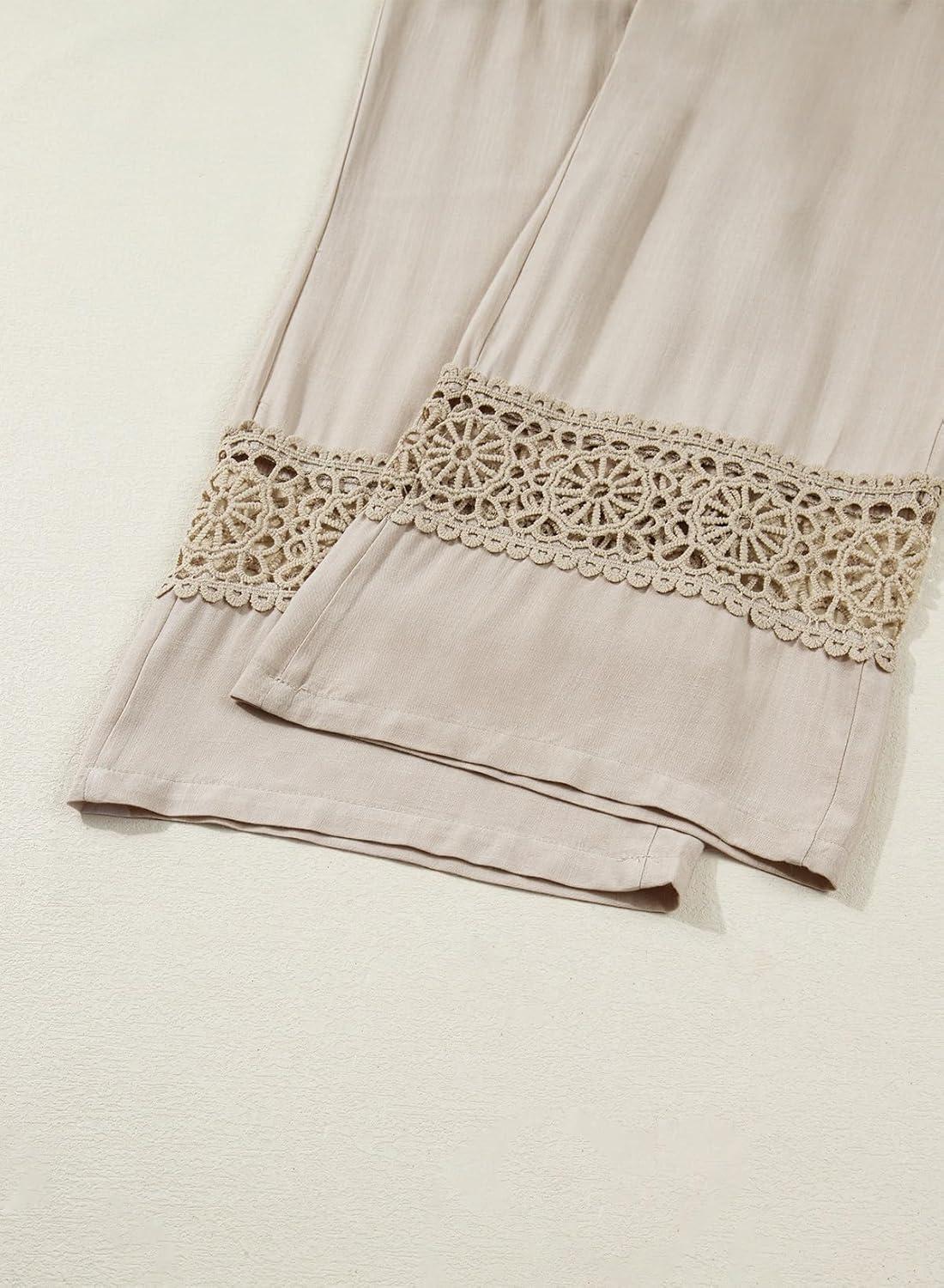 imageDokotoo 2 Piece Sets for Women Summer Spaghetti Strap Tie Knot Top Lace Wide Leg Pants SetBeige