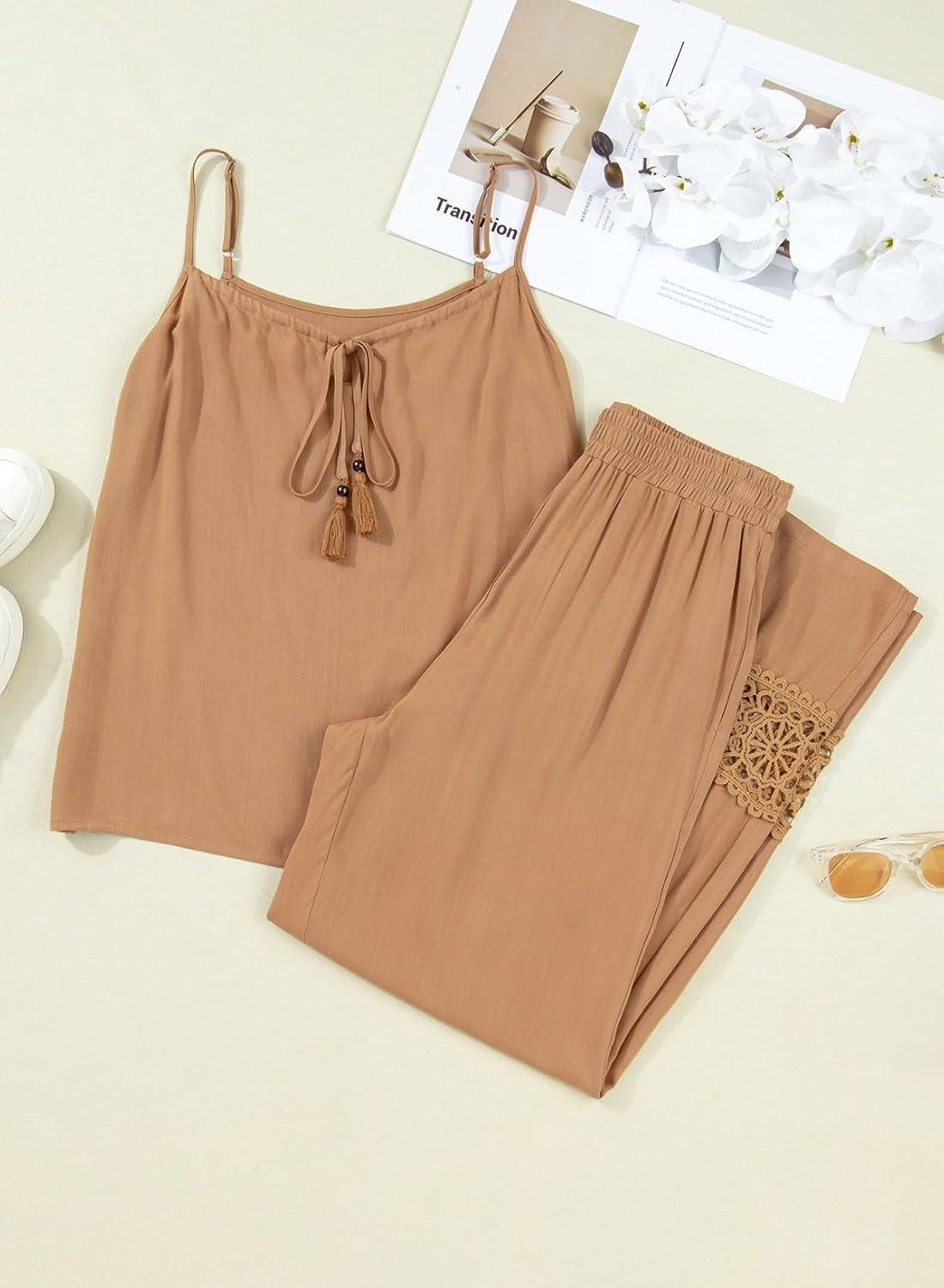 imageDokotoo 2 Piece Sets for Women Summer Spaghetti Strap Tie Knot Top Lace Wide Leg Pants SetBrown