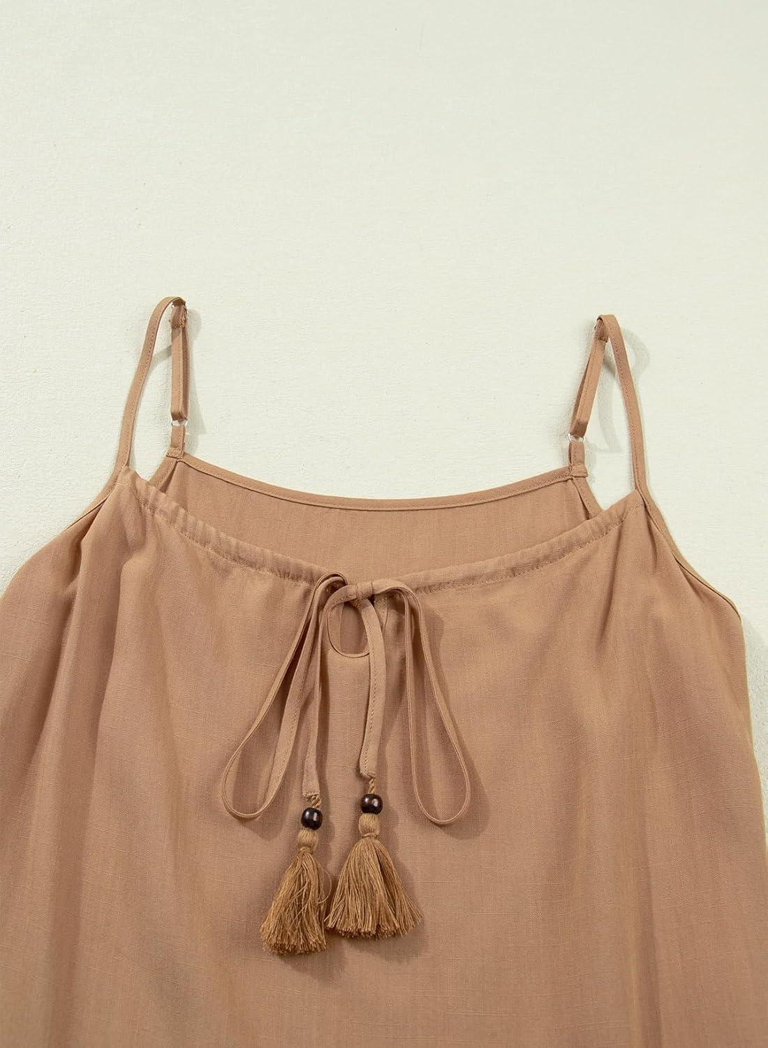 imageDokotoo 2 Piece Sets for Women Summer Spaghetti Strap Tie Knot Top Lace Wide Leg Pants SetBrown