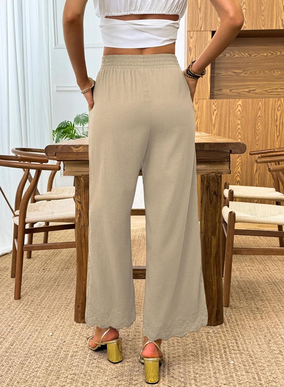 imageDokotoo Casual Pants for Women High Waisted Elastic Wide Leg Pants Eyelet Lace Hem Trousers with PocketsApricot