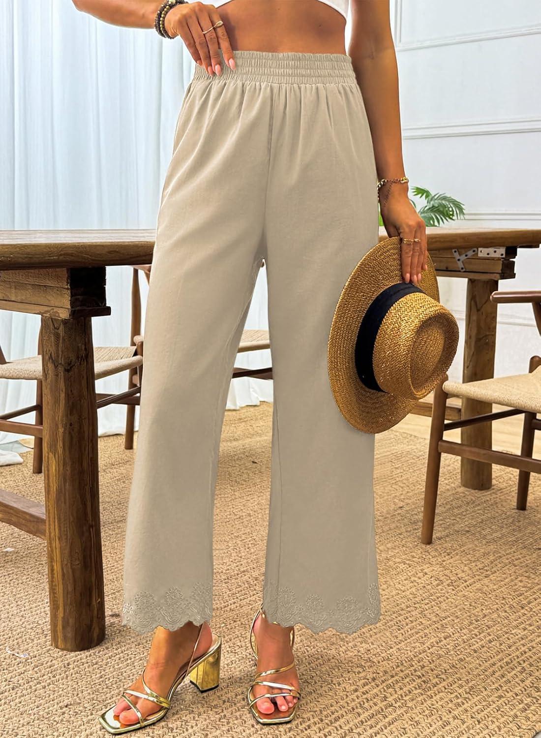 imageDokotoo Casual Pants for Women High Waisted Elastic Wide Leg Pants Eyelet Lace Hem Trousers with PocketsApricot