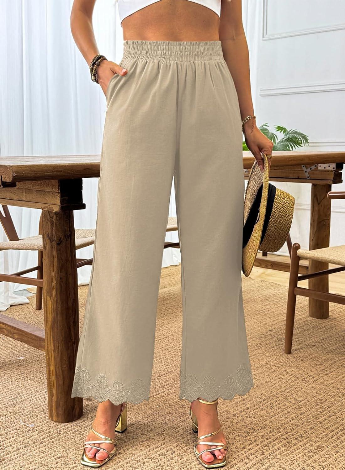 imageDokotoo Casual Pants for Women High Waisted Elastic Wide Leg Pants Eyelet Lace Hem Trousers with PocketsApricot