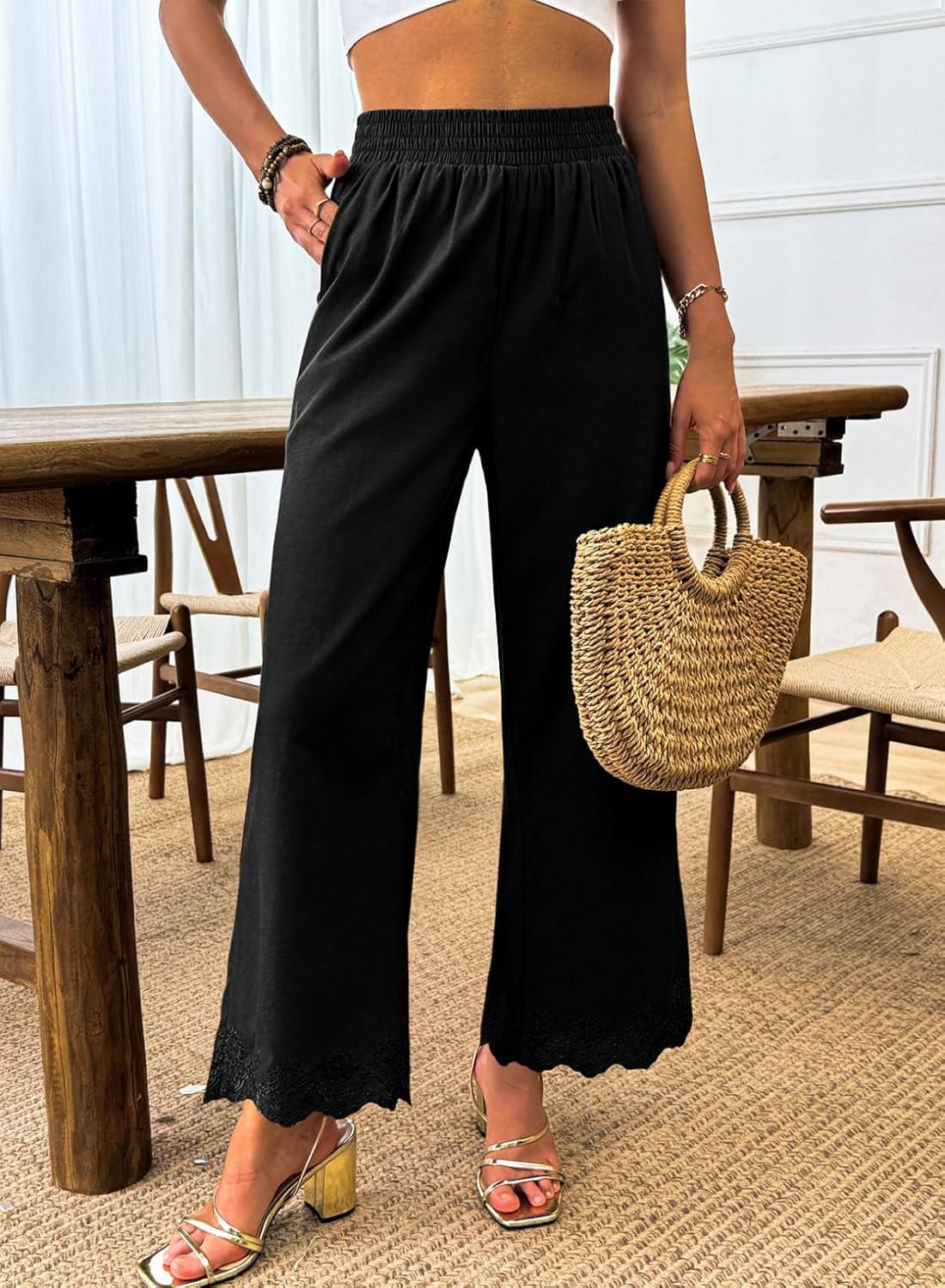 imageDokotoo Casual Pants for Women High Waisted Elastic Wide Leg Pants Eyelet Lace Hem Trousers with PocketsBlack