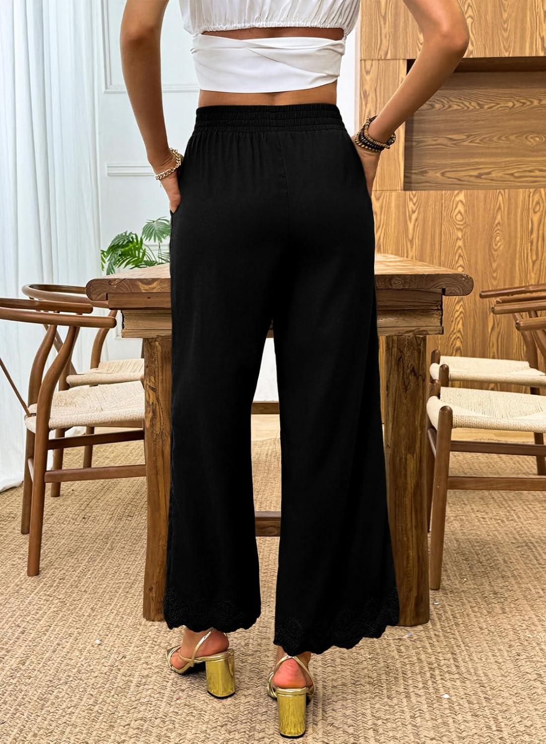 imageDokotoo Casual Pants for Women High Waisted Elastic Wide Leg Pants Eyelet Lace Hem Trousers with PocketsBlack