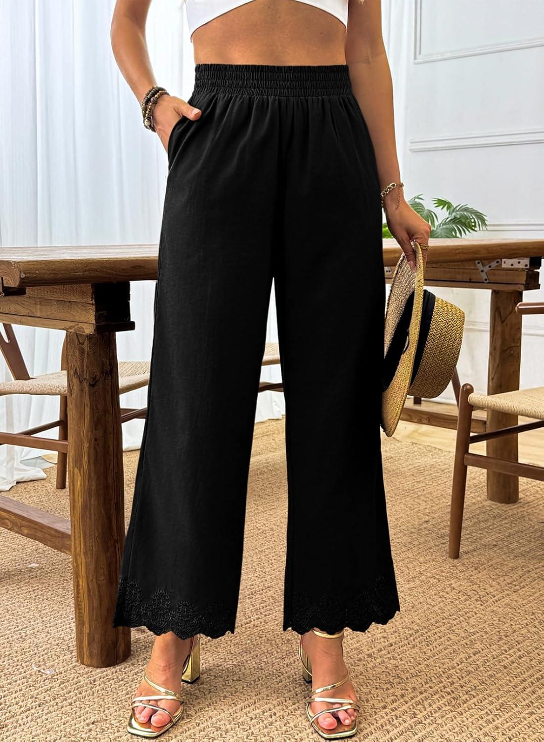 imageDokotoo Casual Pants for Women High Waisted Elastic Wide Leg Pants Eyelet Lace Hem Trousers with PocketsBlack