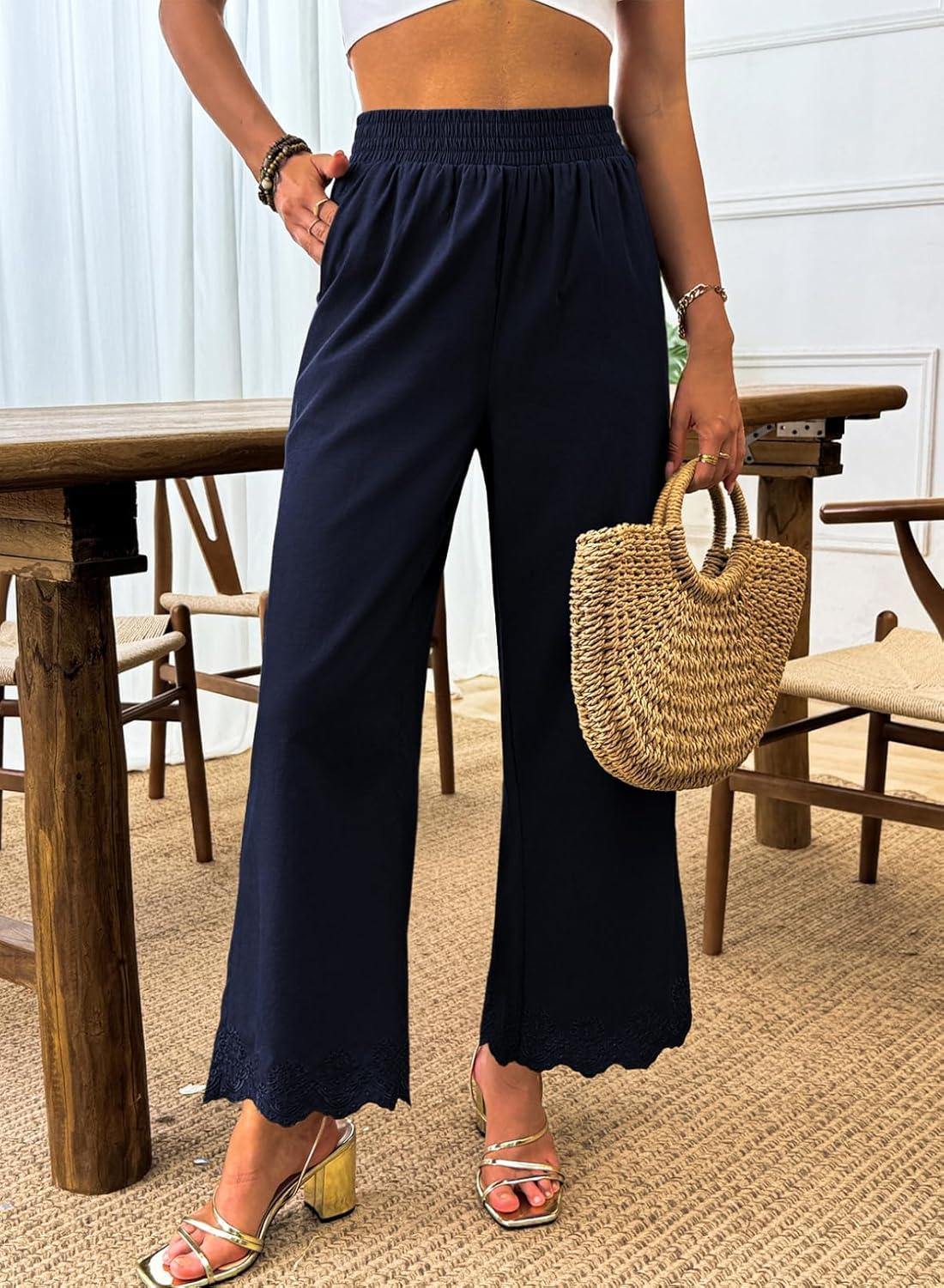 imageDokotoo Casual Pants for Women High Waisted Elastic Wide Leg Pants Eyelet Lace Hem Trousers with PocketsBlue