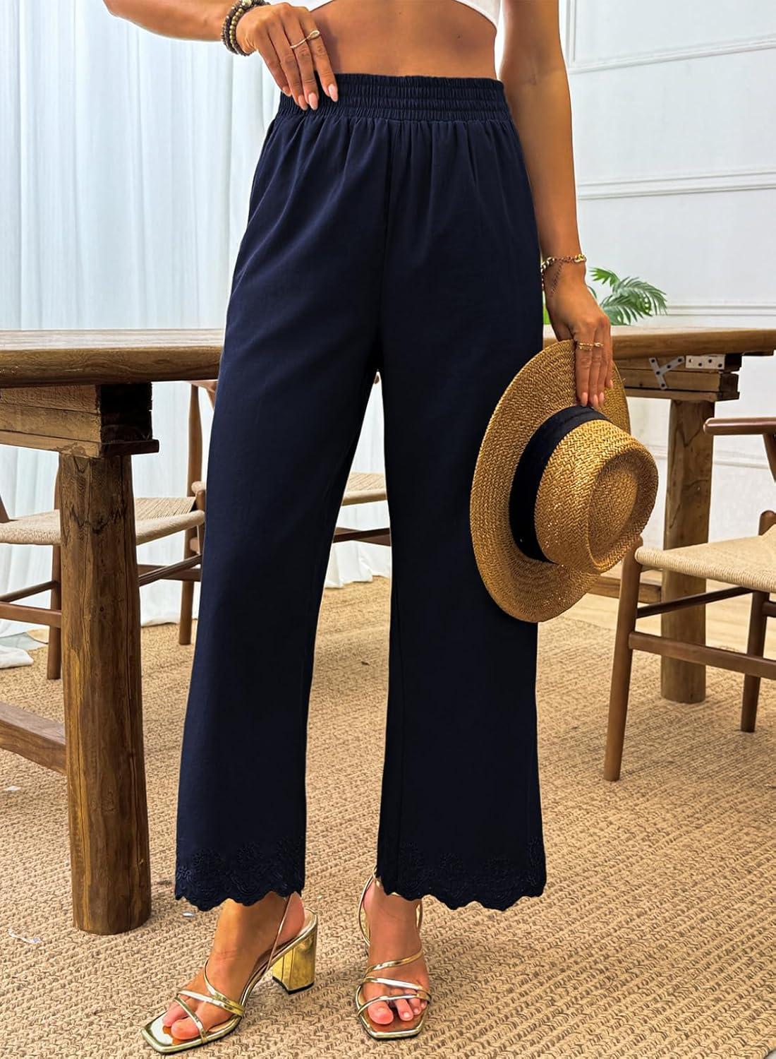 imageDokotoo Casual Pants for Women High Waisted Elastic Wide Leg Pants Eyelet Lace Hem Trousers with PocketsBlue