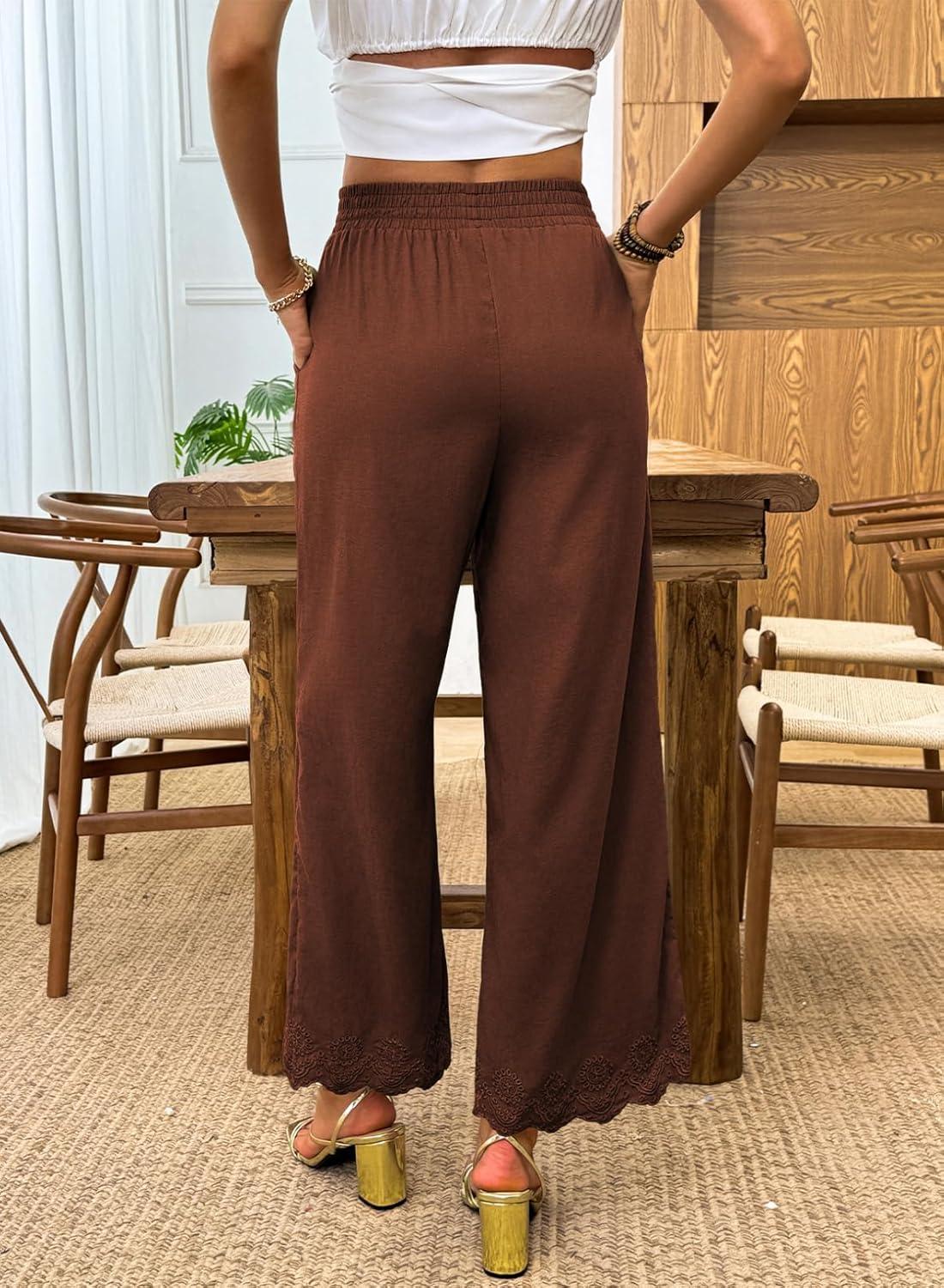 imageDokotoo Casual Pants for Women High Waisted Elastic Wide Leg Pants Eyelet Lace Hem Trousers with PocketsBrick Red