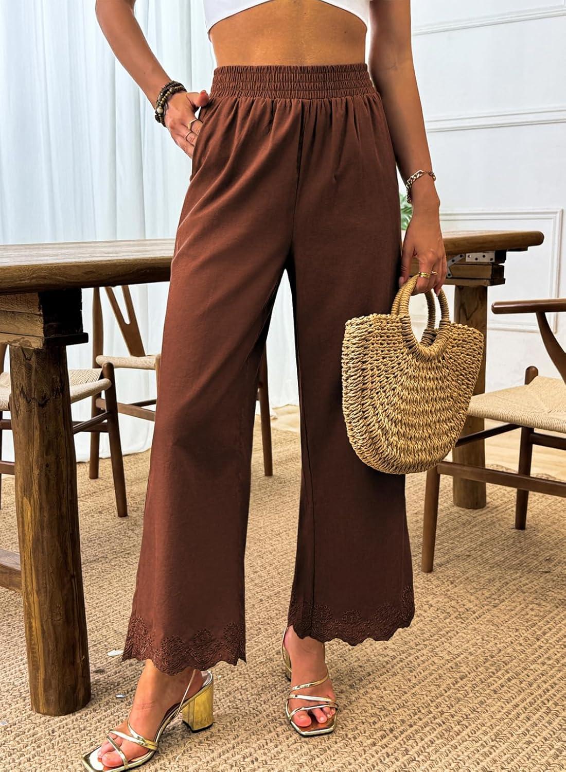 imageDokotoo Casual Pants for Women High Waisted Elastic Wide Leg Pants Eyelet Lace Hem Trousers with PocketsBrick Red