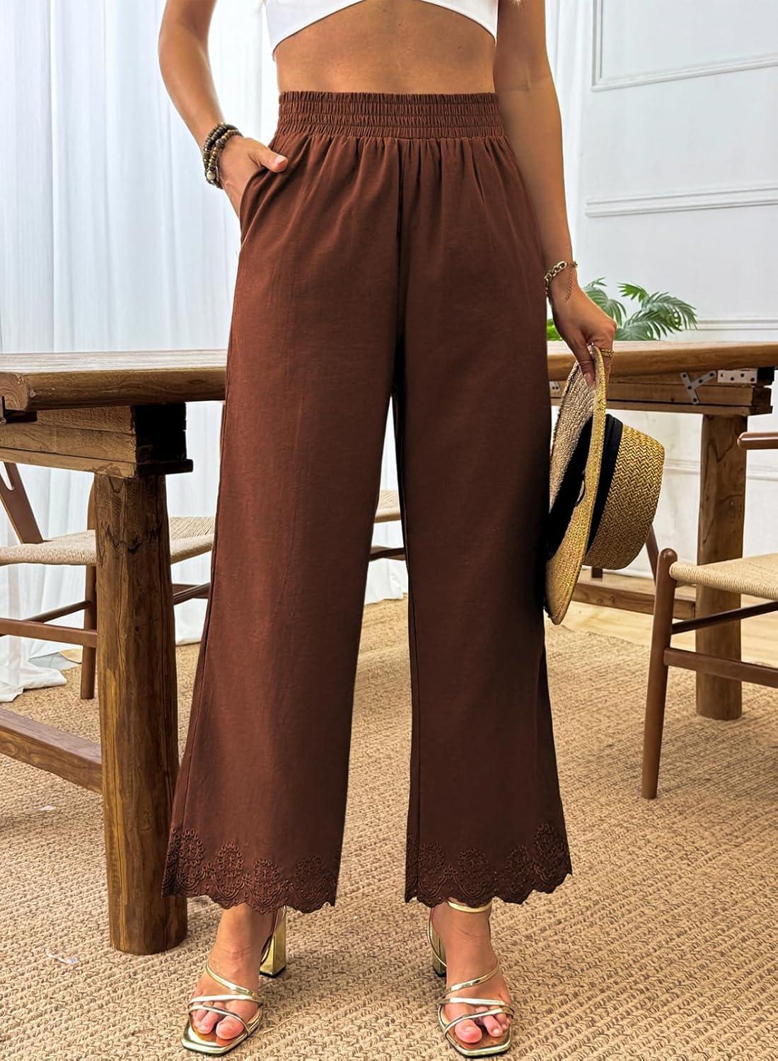 imageDokotoo Casual Pants for Women High Waisted Elastic Wide Leg Pants Eyelet Lace Hem Trousers with PocketsBrick Red