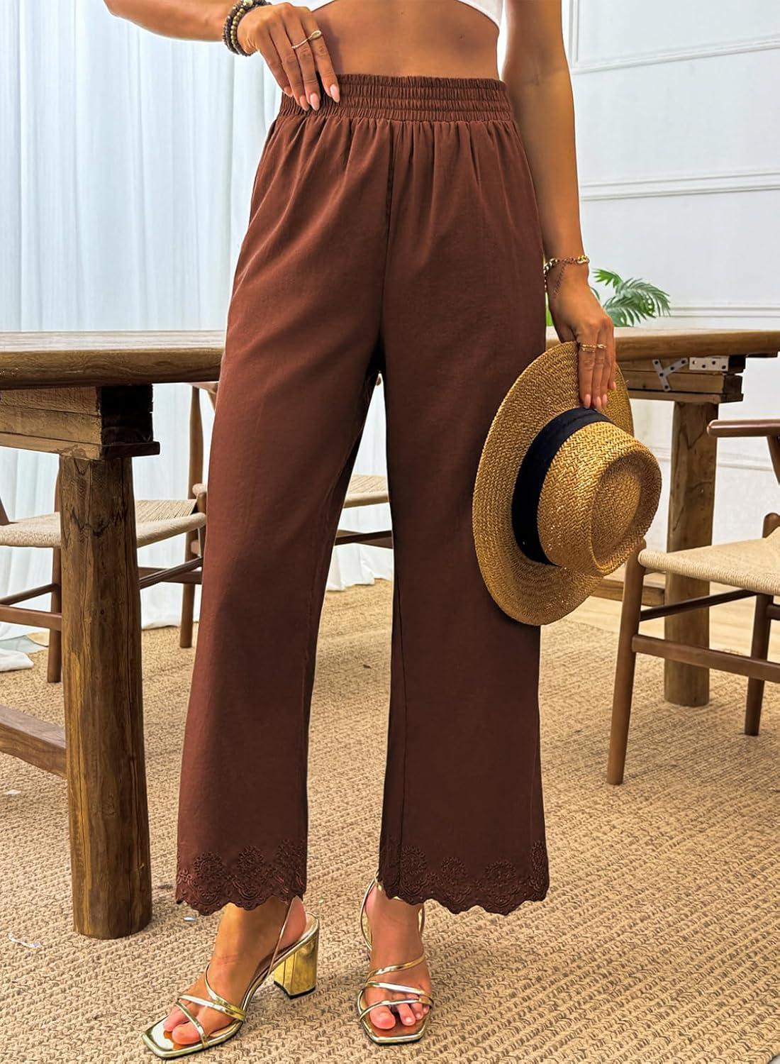 imageDokotoo Casual Pants for Women High Waisted Elastic Wide Leg Pants Eyelet Lace Hem Trousers with PocketsBrick Red