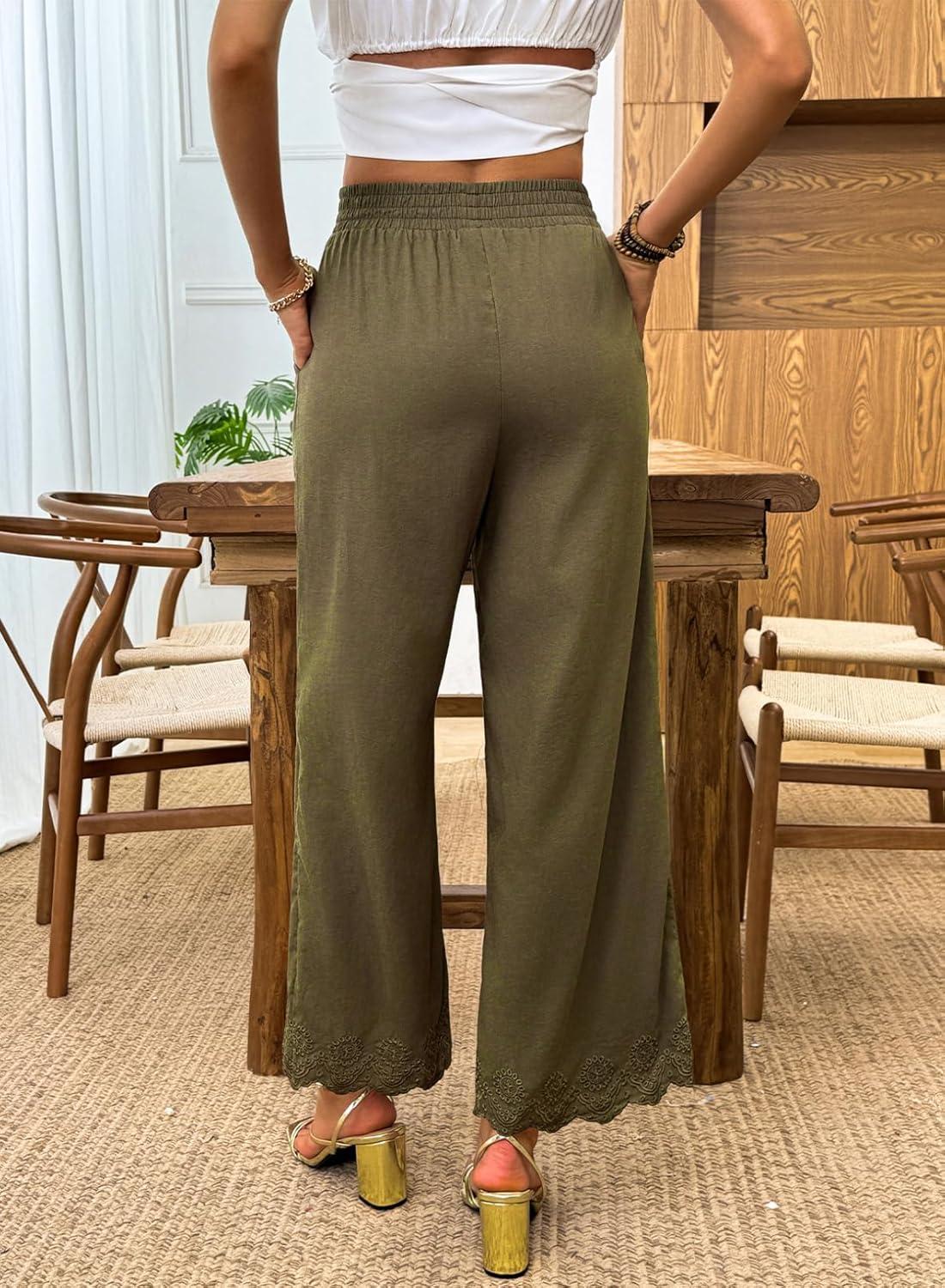 imageDokotoo Casual Pants for Women High Waisted Elastic Wide Leg Pants Eyelet Lace Hem Trousers with PocketsGreen