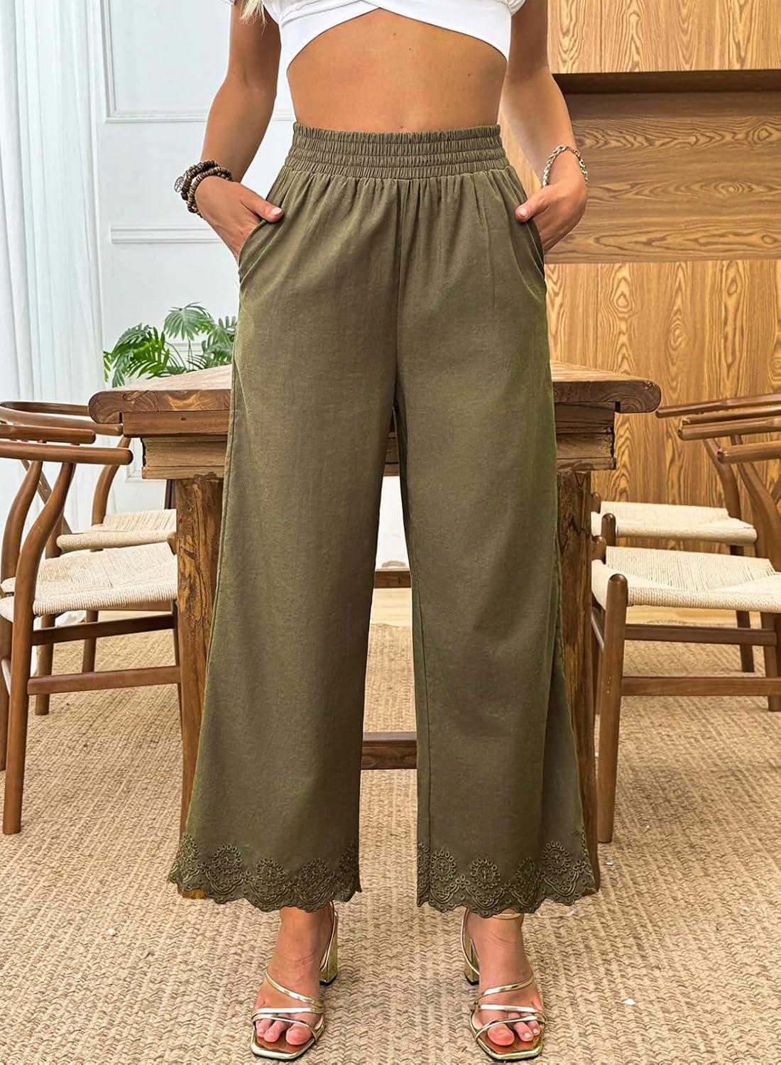 imageDokotoo Casual Pants for Women High Waisted Elastic Wide Leg Pants Eyelet Lace Hem Trousers with PocketsGreen