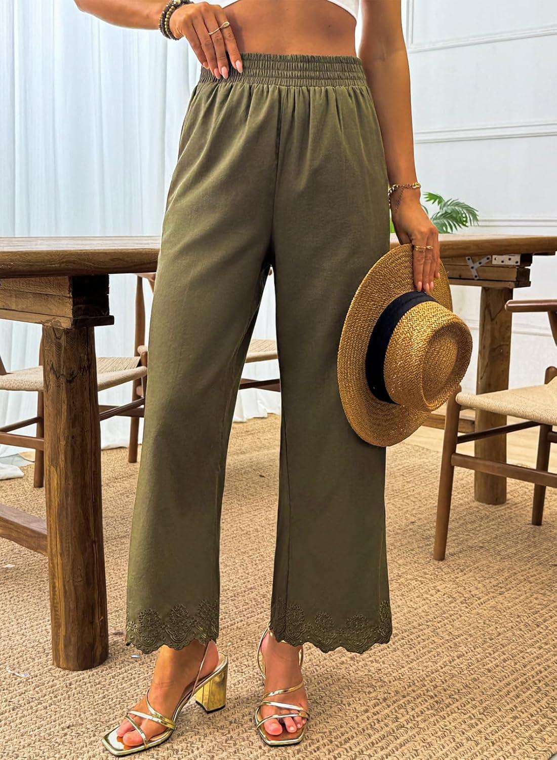imageDokotoo Casual Pants for Women High Waisted Elastic Wide Leg Pants Eyelet Lace Hem Trousers with PocketsGreen