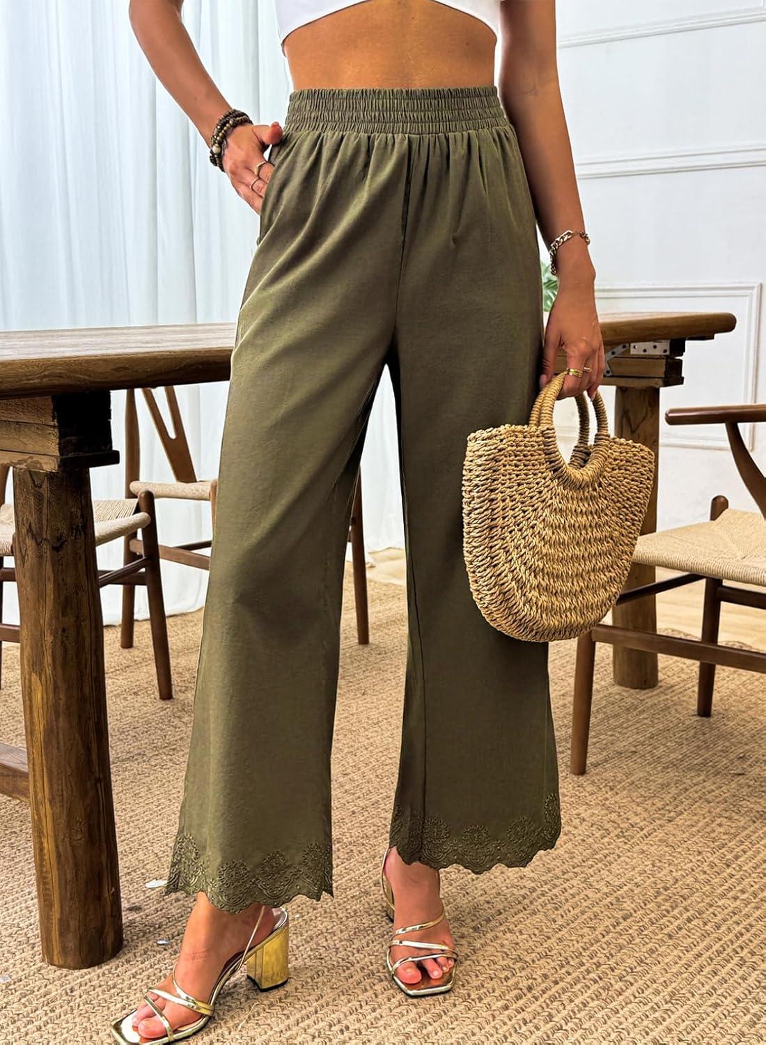 imageDokotoo Casual Pants for Women High Waisted Elastic Wide Leg Pants Eyelet Lace Hem Trousers with PocketsGreen