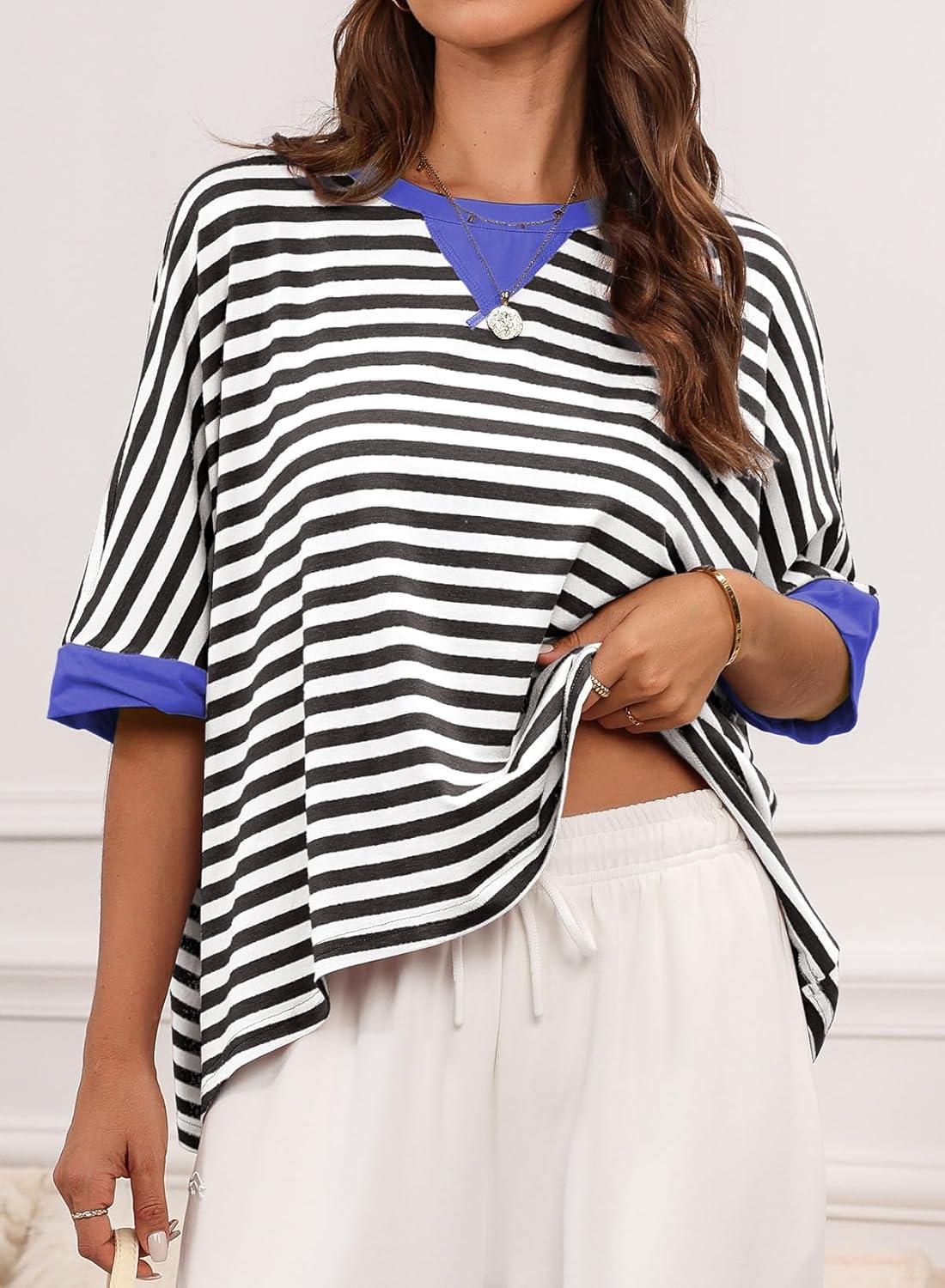 imageDokotoo Summer Shirts 2025 Womens Solid T Shirts for Women Loose Oversized Tops Basic TeeBlack Stripe