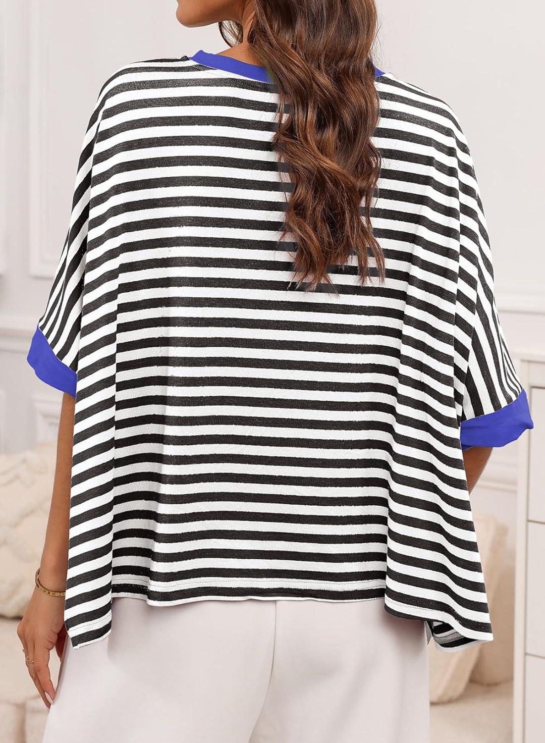 imageDokotoo Summer Shirts 2025 Womens Solid T Shirts for Women Loose Oversized Tops Basic TeeBlack Stripe