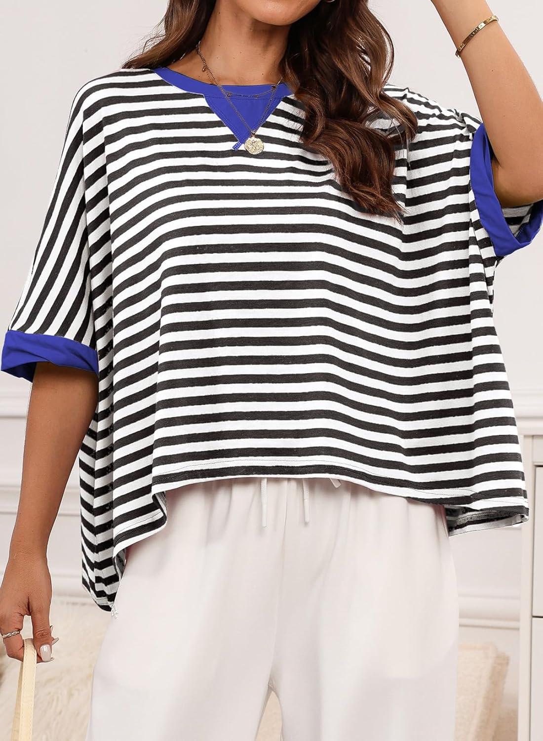 imageDokotoo Summer Shirts 2025 Womens Solid T Shirts for Women Loose Oversized Tops Basic TeeBlack Stripe