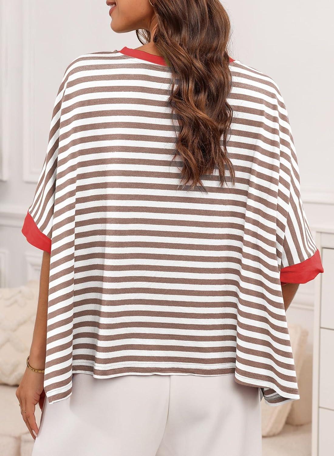 imageDokotoo Summer Shirts 2025 Womens Solid T Shirts for Women Loose Oversized Tops Basic TeeBrown Stripe